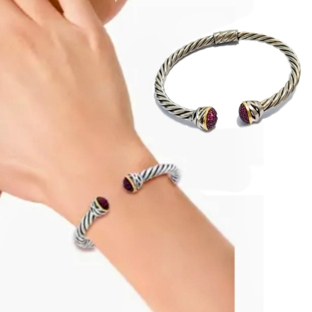 Effy®Ruby Twisted Bangle Bracelet in 18K Gold Trim Sterling Silver Bangle